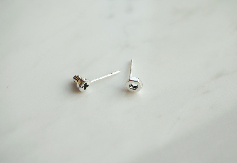 silver _ bolt &amp; nut stud earring