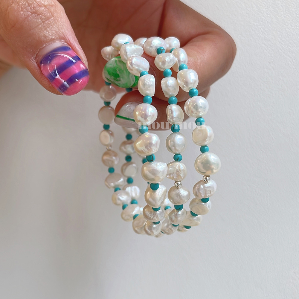 터키석 믹스 담수진주 팔찌 turquoise ball mixed pearl bracelet